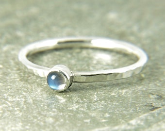 moonstone silver stacking ring, Dainty, thin, hammered band with rainbow moonstone gemstone