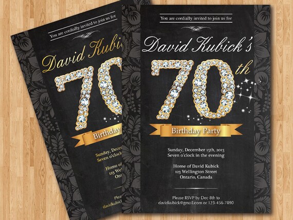 70th Birthday Invitation. Black and gold diamond number