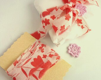 Torn Edge Cotton Ribbon - Pink and White Floral Ribbon - Raw Edge Gift Wrap