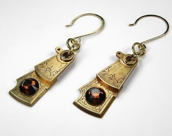 Steampunk Jewelry Earrings Vintage GOLD Watch Parts Etched Topaz Swarovski Wedding Anniversary, Everyday Earrings - Jewelry by edmdesigns