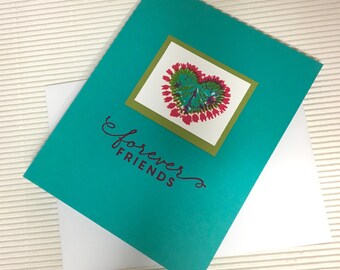 Forever friends card handmade stamped tie-dyed heart friendship bright colorful stationery greeting party paper