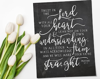 Proverbs 3 5 - Trust In the Lord - Instant Download - Bible Printable - Bible Prints - Chalkboard Printable - Scripture Wall Art - Christian