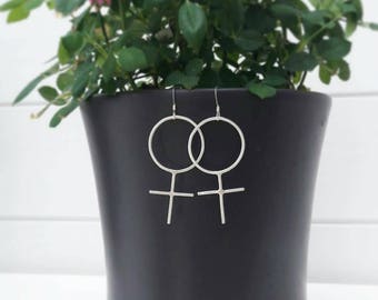 Handmade Large Sterling Silver Feminist Venus Symbol Earrings