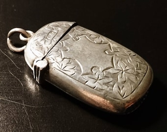 Antique sterling silver vesta case, engraved foliage, no monogram, Edwardian silver vesta, fully hallmarked