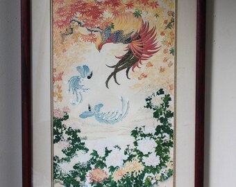 Vintage Silk Print by Wei Tseng Yang, Dance of Autumn 1982, Signed, Framed with Certificate of Authenticity, Textile Art