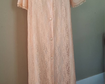 Vintage robe, Keyloun, lace, chiffon, house coat, peignoir, dressing gown, duster, 50s, peach gown, fifth avenue, robe, lingerie