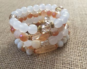 Stretchy bracelets, Set of 4 stack bracelets, Light brown/Peach and light brown bracelets, Stretchy 10mm bracelet set.
