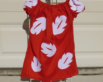 Lilo Girls Peasant Style Dress Red with White Leaves