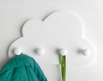 Cloud Wall Hook with 4 knobs, White Cloud Nursery Coatrack, Nursery Wall Hook, Kids Coat rack, Cloud Coat Rack, Wooden Wall Hook Children