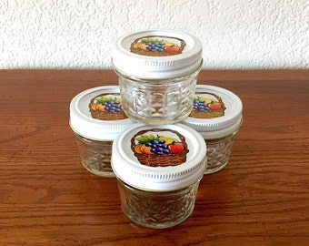 Set of 4 Ball Quilted Crystal Jelly Jars / 4 ounce Canning Jars / Jam and Jelly Jars / Quilted Jelly Jars, White Bands and Decorative Lids
