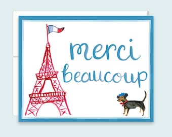 Paris Thank You Card, Merci Beaucoup Thank You Card, Merci Card, Eiffel Tower Thank You Card, Dachshund Thank You Card, Merci Card, French
