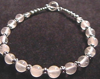 Rose Quartz and Sterling Silver Bali Bead Bracelet 7.5 Inch
