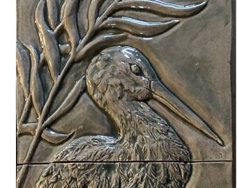 Ceramic Elegant Heron, 8″ x 24″ in Grey green glaze.