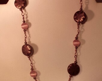 Pink CatEye with Copper disk Necklace