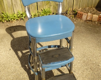 Cosco step stool - ladder - classic midcentury form in good condition - ladder moves smoothly - original blue paint and seat cover