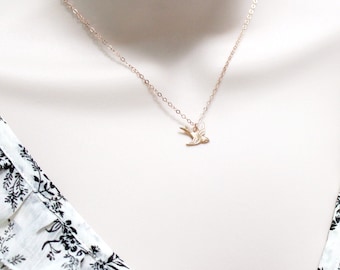 Flying Bird Necklace ~ Dainty Swallow Sparrow Necklace ~ Soaring Dove Bird ~ Small Charm Necklace ~ Gold Fill or Rose Gold Fill ~ Women Gift