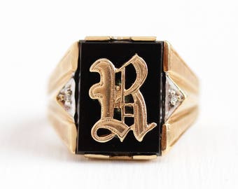 Onyx Signet Ring - Monogrammed R 10k Rosy Yellow Gold Diamond Initial Band - Size 8 1/2 Black Gemstone Letter Men's 1940s Fine Jewelry