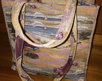 Vintage Tote Handbag by JADE Beach Print, Burlap Style Background, Purse Boho Hippie Chic