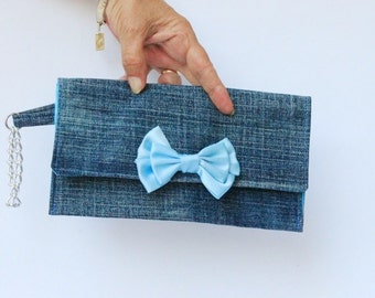 Very small wristlet, Denim wristlet clutch purse, Small clutch bag, Denim clutch