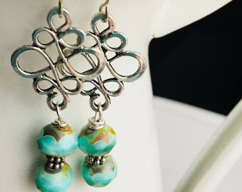 Scrolled Silver Earrings with Picasso Style Czech Beads