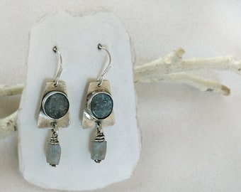 Sterling Silver Earrings Blue Kyanite & Labradorite Nugget Dangles. Rustic Free Spirit Casual. Southwest Boho Tribal Style Jewelry