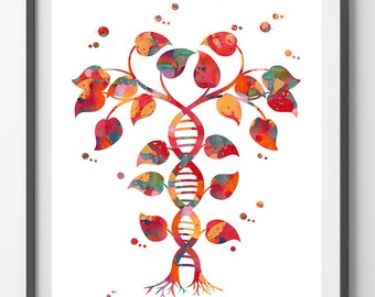 DNA tree of life watercolor print Dna double helix abstract genetic print Tree of life with DNA trunk poster Dna shaped tree biology art