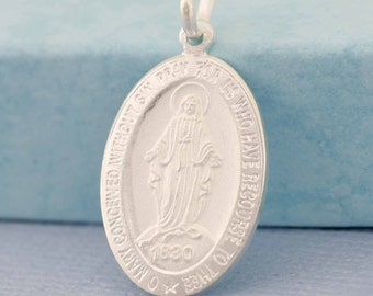 The Miraculous Medal, Sterling Silver Mary Pendant, Holy Mary Pendant, Silver Medal, Silver Religious Medal, La Virgen Milagrosa, Medalla
