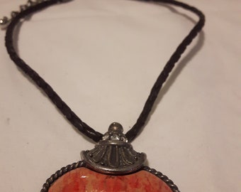 Vintage CHICOS Braided Brown Leather Necklace - Clear Rhinestones - Large Orange and Yellow Cabochon Pendant - 1990's - 15" - Gift For Her