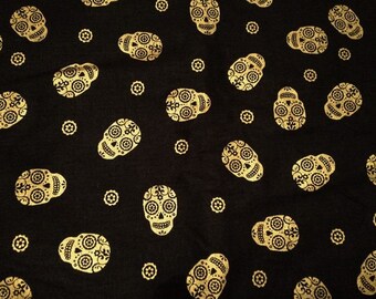 Metallic Sugar Skulls on Black Cotton Fabric by the half yard