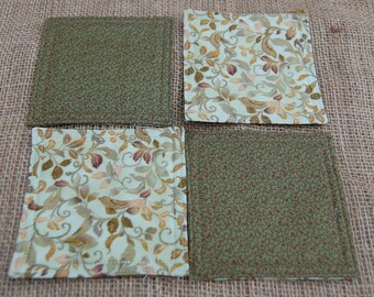 Green & Gold Fabric Coasters, Reversible Coasters, Quilted Coasters, Floral Coasters, Green Coasters, Gold Coasters, Coaster Set
