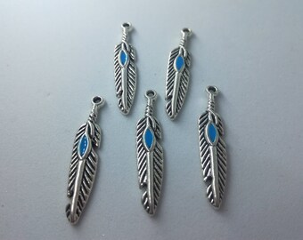 5 x Enamel Feather Charms