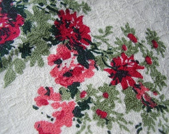 Vintage 1950's Mid Century Myra Color Vat Color Red Roses White Barkcloth Cotton Fabric, 2 yards plus