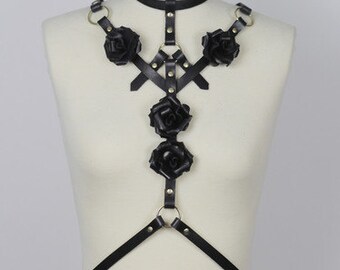 Rose Leather Body Harness - BLACK
