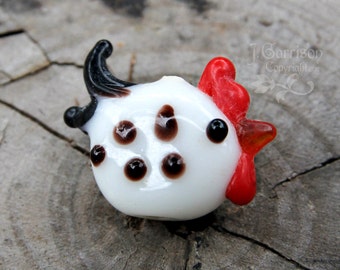 4 white and black polka dot chicken beads - lampwork glass - jewelry and craft supplies - rooster