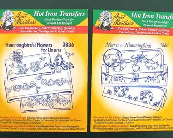 2 Aunt Martha’s Hot Iron Transfers Hummingbirds and Hearts and Hummingbirds