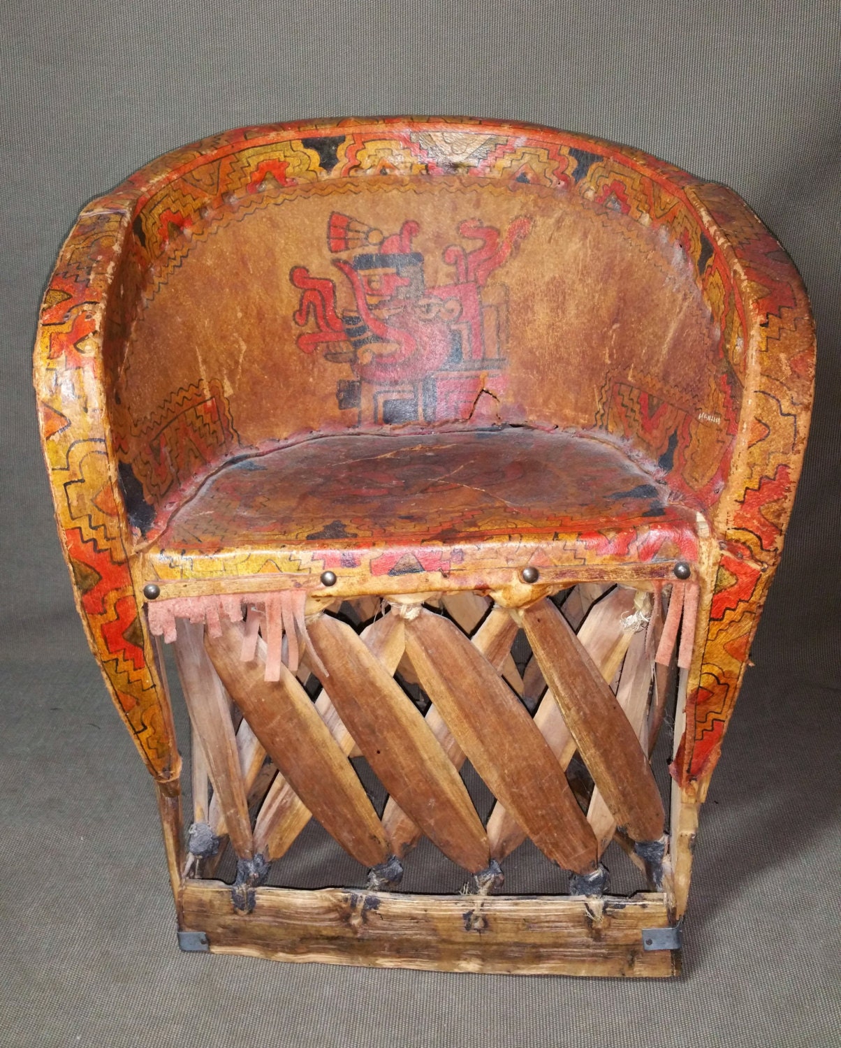 Antique Mexican Equipale Child's Chair Hand Painted AZTEC 🔎zoom - Antique Mexican Equipale Child's Chair Hand Painted AZTEC