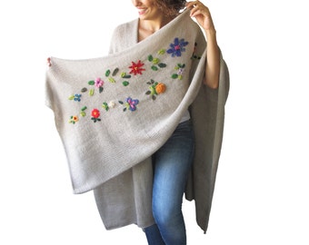 NEW! Beige Pelerine - Poncho with Flowers by AFRA