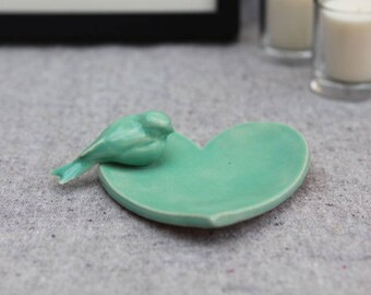 Ceramic Heart Dish with Bird in Stoneware with Mint Green Glaze