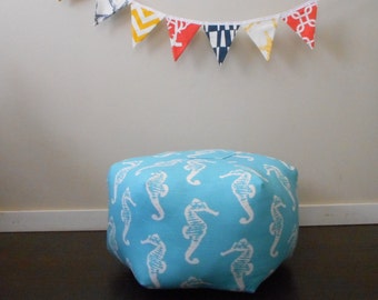 Large Pouf in Seahorse Fabric, Beach chic decor, Nautical floor cushion, beach pouf ottoman, stool