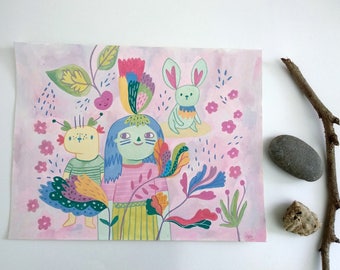 Quirky friends. Gouache original painting. Friendship inspired painting.