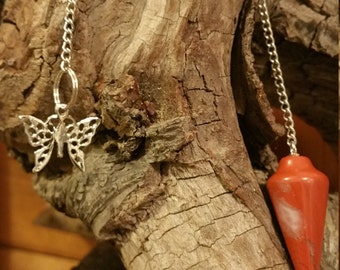 Red Jasper Pendulum with Silver tone Butterfly