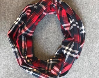Navy and Red Plaid Flannel Infinity Scarf