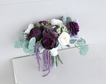 Eucalyptus Bouquet | Deep Wine, Eggplant, Lavender and Ivory | Preserved Eucalyptus and Silk Flower Wedding Bouquet | SG-1052