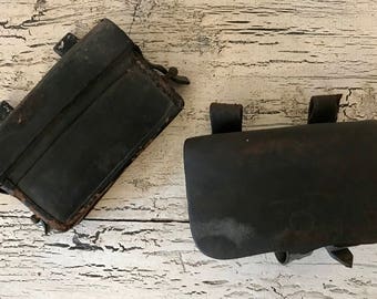 2 Vintage Leather Ammo Pouches - Thick, Antique Leather - Distressed and Tattered