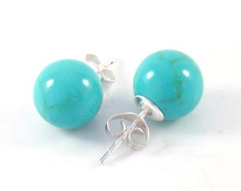 Simple Elegant Blue Turquoise Sterling Silver 10mm Ball Post Stud Earrings