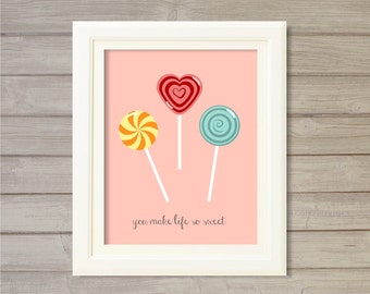 Sweet Tooth Kitchen Printable Wall Art - Lollipops Pink Coral Blush -8x10- Instant Download Digital Print Sweets Candies Candy Shop Decor