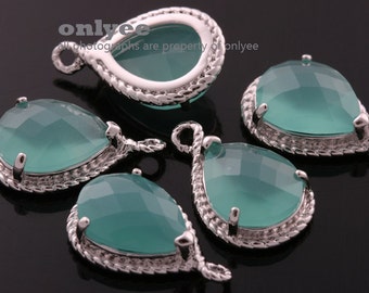 2pcs-19mmX12mmRhodium Faceted tear drop glass with rope rim pendants-Mint(M316S-D)