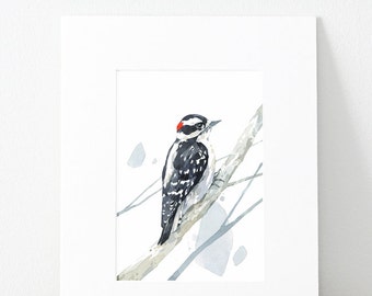 Downy Woodpecker watercolor print - woodland painting, bird watercolor 5x7