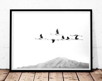 Birds Print Art, Flock of Birds Print, Flying Birds Print, Digital download, Flamingo Print, Black and White Print, Minimalist Decor, Poster