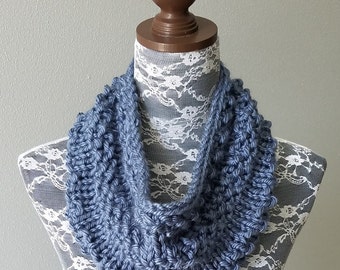 Knitted Knit Cowl, Infinity Scarf, Circle Scarf. Handmade in Denim Blue Chunky Yarn.